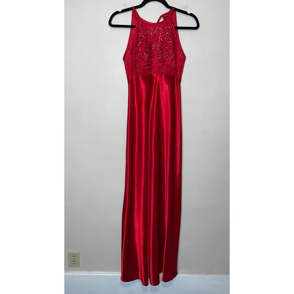 Vintage Morgan & Co. Red Satin Halterneck Gown With Glitter Appliqué Open Back S - Picture 2 of 7